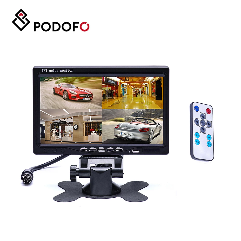 

Podofo 7" Split Screen Quad Monitor 4CH Video Input Windshield Style Parking Dashboard For Car Rear View Camera Security System
