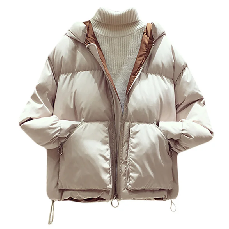 Зимняя хлопковая стеганая Одежда Женская Корейская версия свободный большой размер пуховик утепленная куртка с капюшоном для колледжа - Цвет: Бежевый