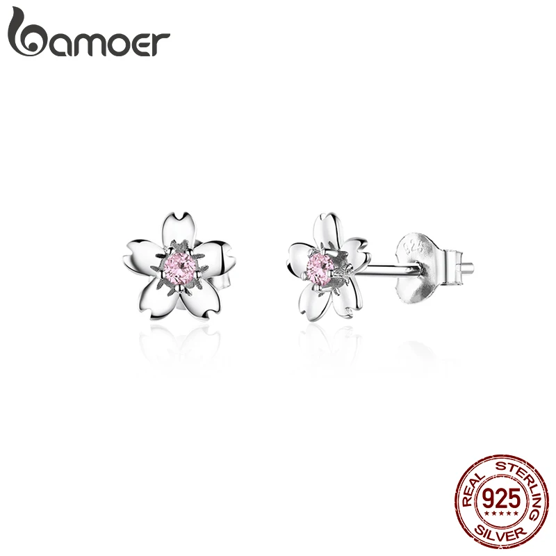 925 пробы Серьги-гвоздики Bamoer GXE784 с цветком вишни серебряные серьги розовым модные