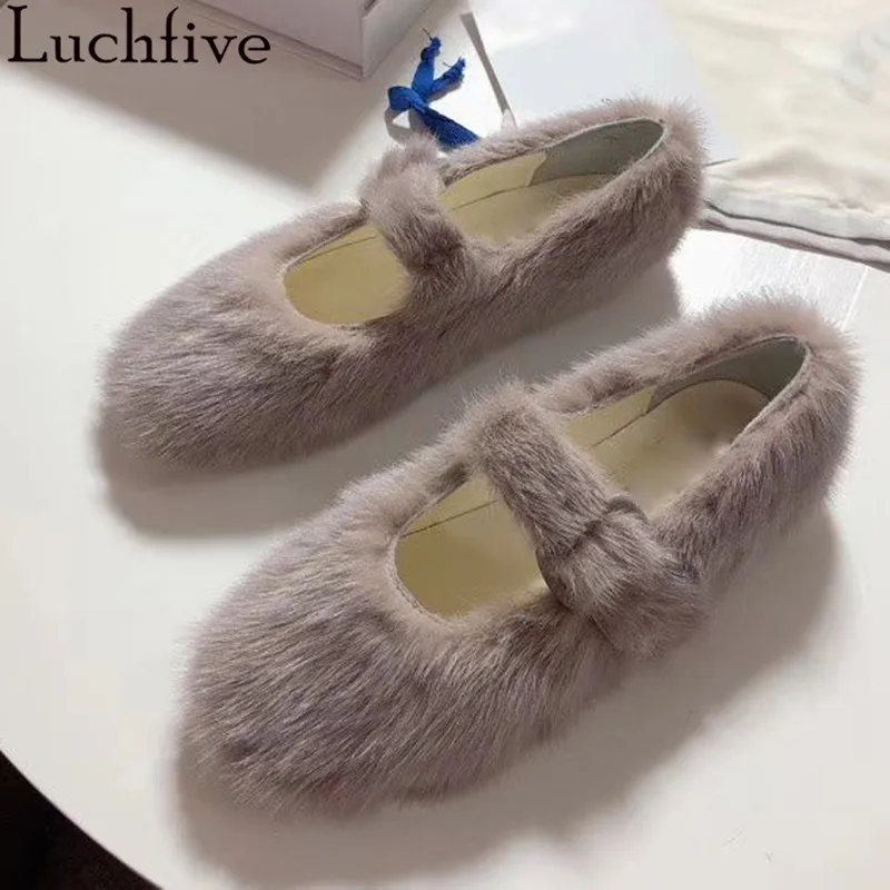 Fashion Wool Flat Shoes Women Round Toe Ladies Shoes Belt Buckles Lazy Loafers Yellow Winter Buty Damskie White Shoes Woman