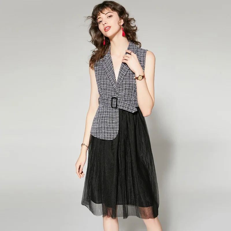 

Women Dress Set 2019 Autumn New Round Neck Long Sleeved T-Shirt + Vest Patchwork Mesh Slim Elegant Dress Female S-XL