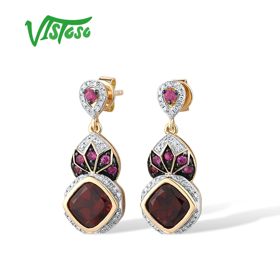 VISTOSO Gold Earrings For Women Pure 14K 585 Yellow Gold Sparkling Diamond Rhodolite Garnet Ruby Chic Drop Earrings Fine Jewelry