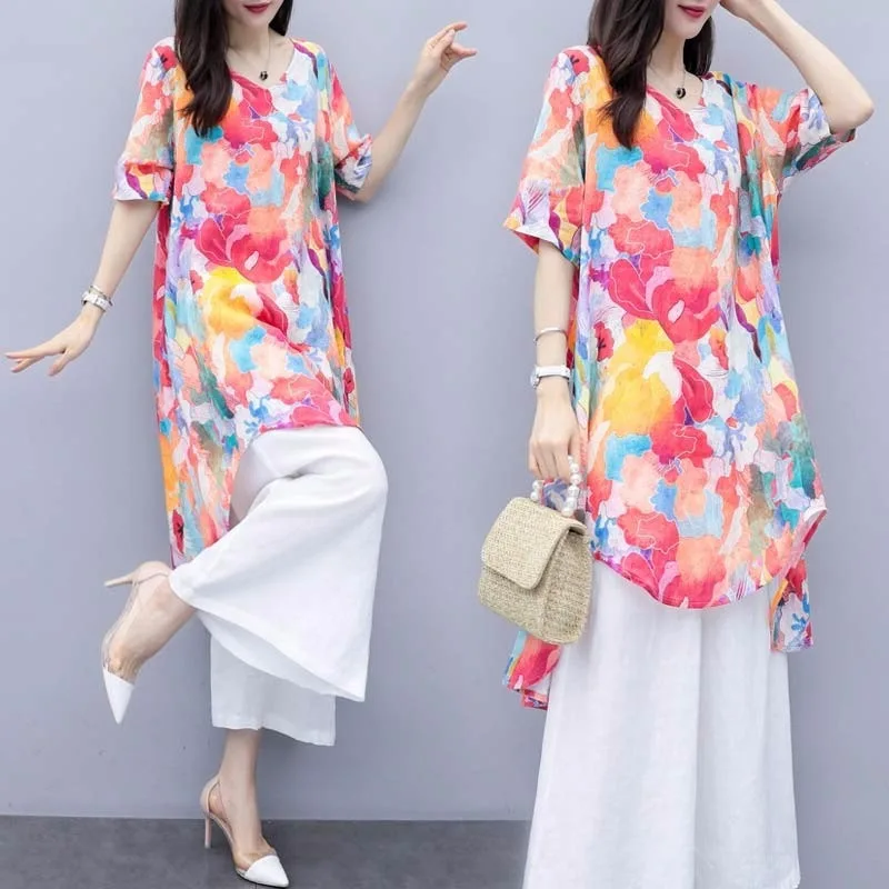 

2019 Summer New Style Large Size Dress Loose-Fit Slimming Printed Two-Piece Casual Fashion Loose Pants WOMEN'S Suit Western Styl