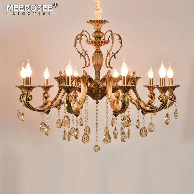 

10 Heads Brass Chandelier Light Fixture Antique Brass Pendant Vintage Copper Crystal Lamp Lustres Lighting 100% Guaranteed