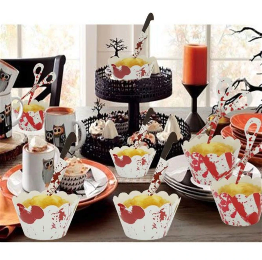 20 Pack Halloween Cupcake Toppers Wrappers Horror Cake Decoration Bloodstain Cake Knife Scissors Food Decor Party Suppliers