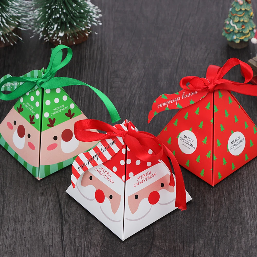 

10 Pcs Christmas Theme Triangle Pyramid Gift Box Xmas Tree Ornament Cookie Candy Boxes New Year Decorations Souvenir Package Box