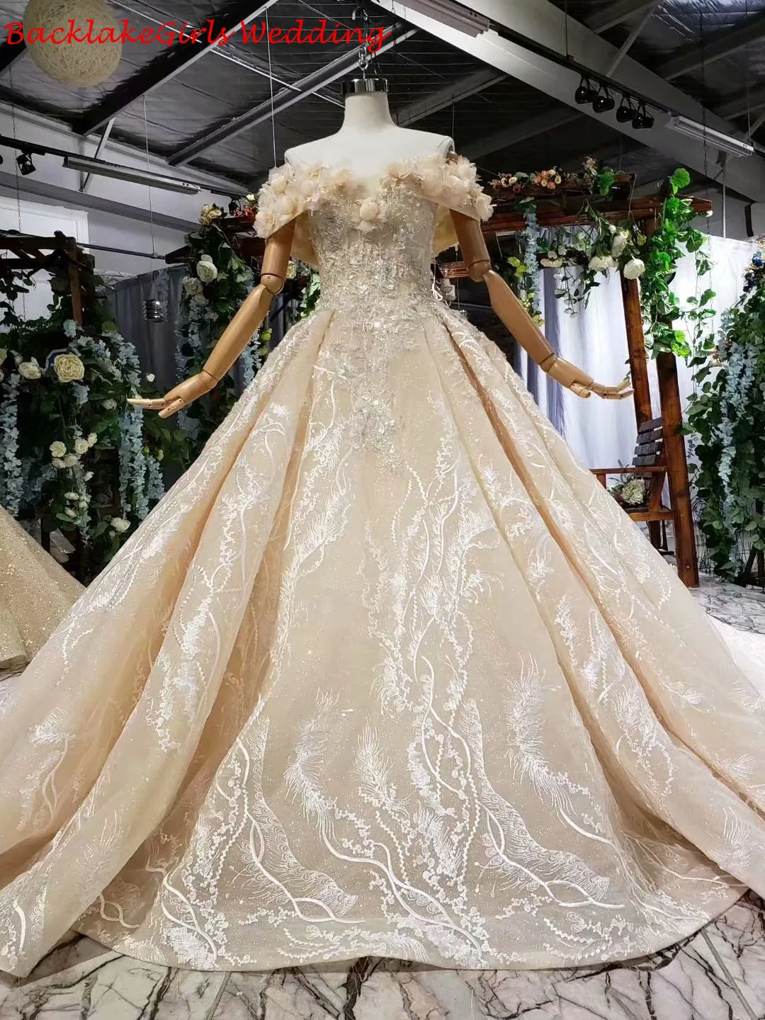 Bodas Luxury Off The Shoulder Wedding Dress Lace Color Champagne For Women Floral V Neck Robe Femme Mariage