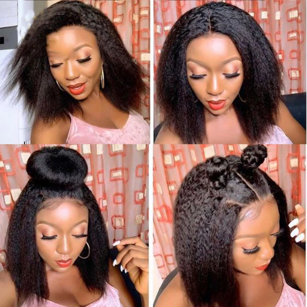 Middle Part Soft Yaki 180 Density Short Bob Kinky Straight Short Cut Wigs Natural Black Lace Front Wig For Women Daily Cosplay Middle Part Soft Yaki 180 Density Short Bob Kinky Straight Short Cut Wigs Natural Black Lace Front Wig For Women Daily Cosplay