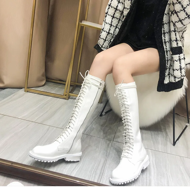 

Europe Fashion White Designer Soft Leather Long Boots Sexy Woman Motorcycle Booties Lace Up Strap Low Heel Knee High Boots