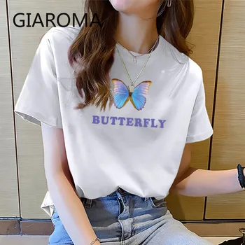 

Summer T-Shirt Women Cotton Tee Tops Female tshirts Butterfly Printed Short Sleeve O Neck Black White Women Clothing