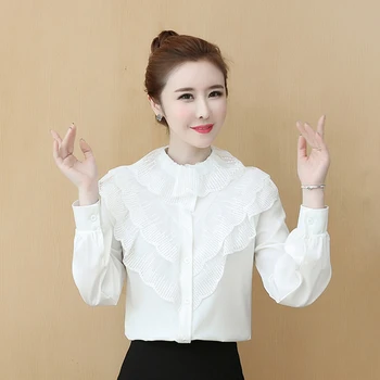 

COIGARSAM Korea Style Shirt Womens tops Spring Office Lady Ruffles Lace Full Sleeve Chiffon Solid Women shirts White 6293