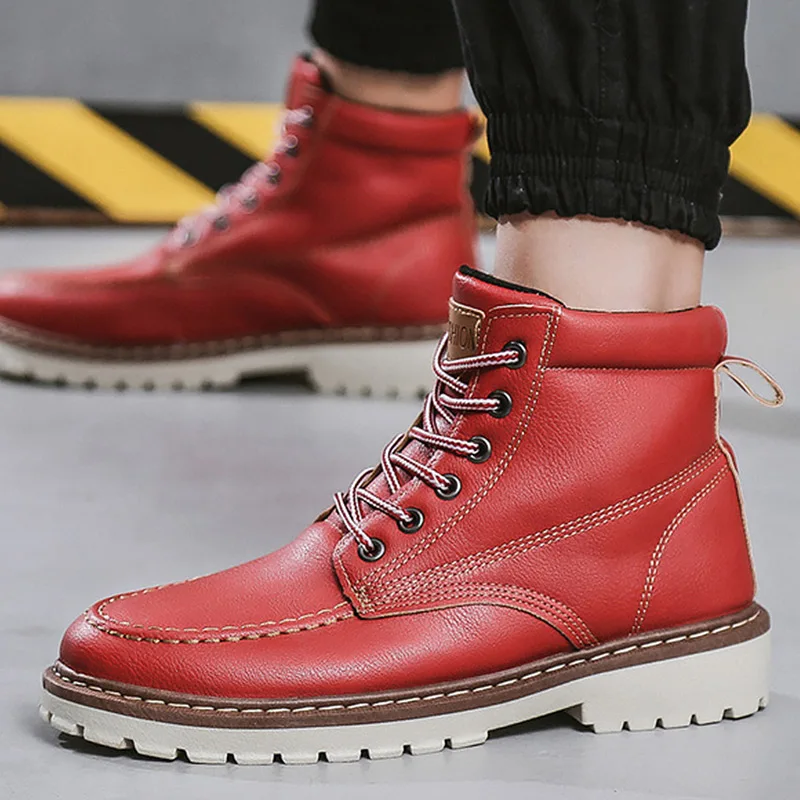 

Fashion PU Leather Boots Man Sewing Cross Tied Non Slip Ankle Boots Man Solid Rubber Shoes For Men Cotton Fabric