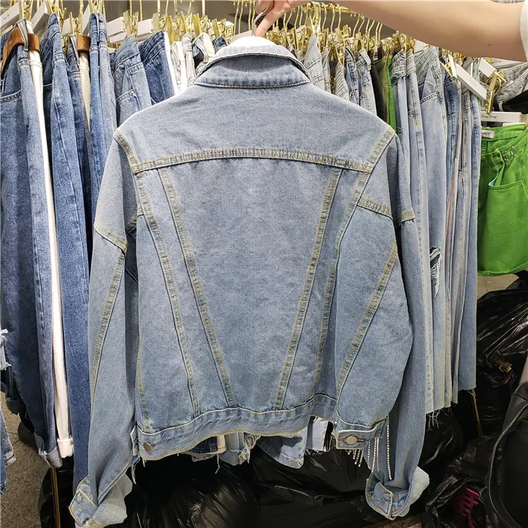 Goedkoop Lente Herfst Mode Korte Denim Jasje vrouwen Nieuwe Zware Rhinestone Diamant Kwastje Losse Hoge Taille Jas Dame Jassen 2019