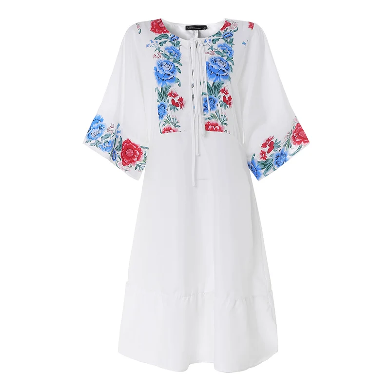Celmia Summer Holiday Dress Plus Size Women Bohemian Printed Long Shirt Dress Casual Lace Up Loose Midi Vestidos Robe Mujer - Цвет: Белый