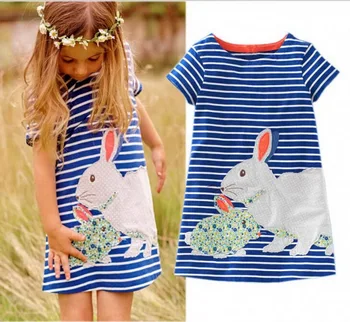 

DHL 50pcs Cartoon Lovely Rabbit Baby Girls Dress Short Sleeve Striped Cotton Hot Sale Girls Easter Clothing