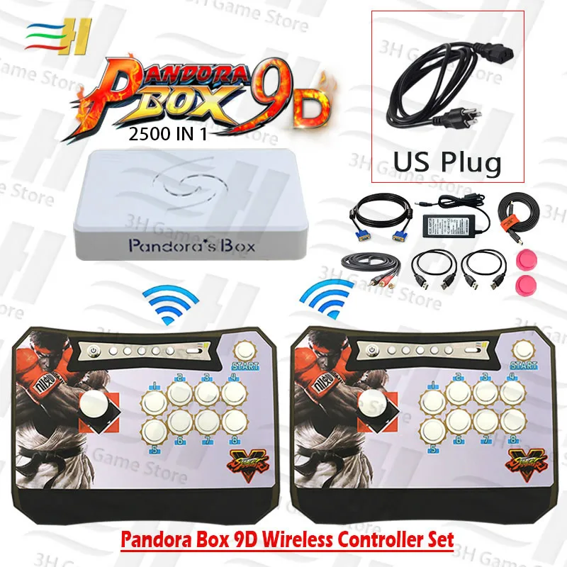 9d 2P SF black US Pandora Box 9D 2500 В 1 2 игрока беспроводные контроллеры аркадная палка консоль набор можно подключить геймпады к 3P 4P Поддержка 3D tekken - Цвет: 9d 2P SF black US