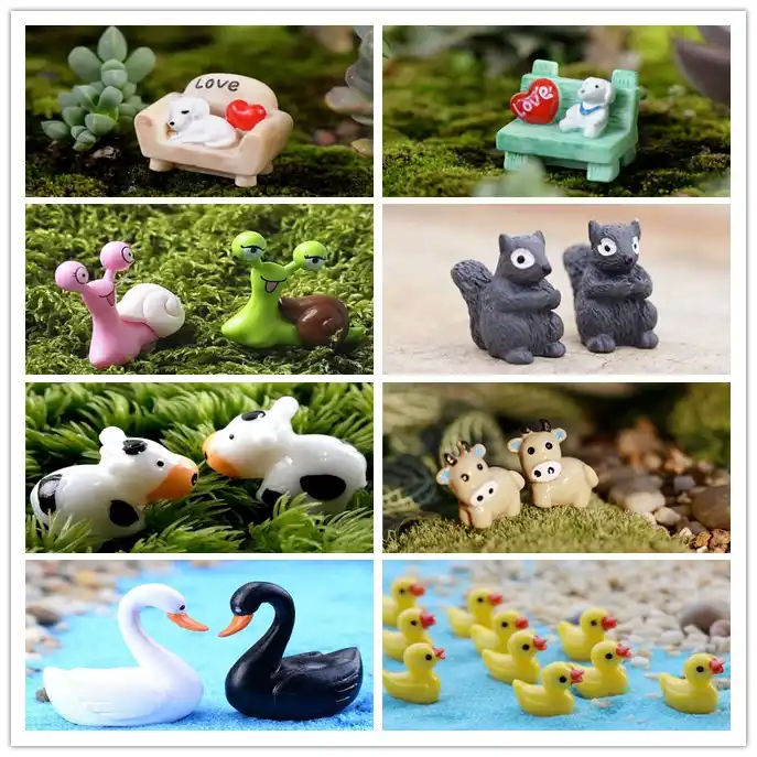 Mini artesanato estatueta animais caracóis cães gatos vacas micro potted paisagem bonsai jardim ornamento miniatura fada jardim decoração diy