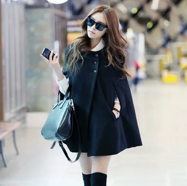 

2019 Autumn And Winter WOMEN'S Dress Korean-style Large Size Mid-length Wool Woolen Cloth Cloak Overcoat Black And White with Pa
