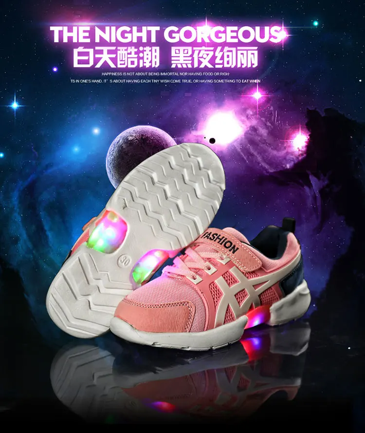 Fashion Bright Solid USB Led Light Up Kid Shoes Breathable Hook&Loop Children Charging Luminous Sneakers For Girl And Boy 22-30