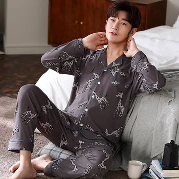 

Pajamas Men's Spring and Autumn Pure Cotton Long-sleeved Student Youth Cartoon Plus Size Suit Cotton Thin Home Wear Dormir Tops