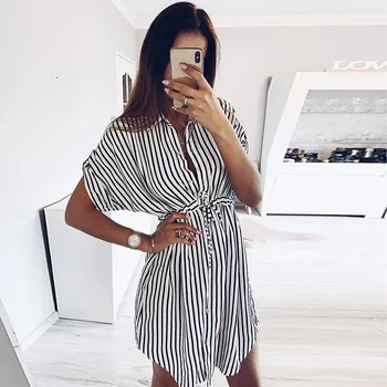 

Fashion 2020 summer dress Womens Drawstring Bandage Short Sleeve Stripe Print Lapel Shirts style mini Dresses