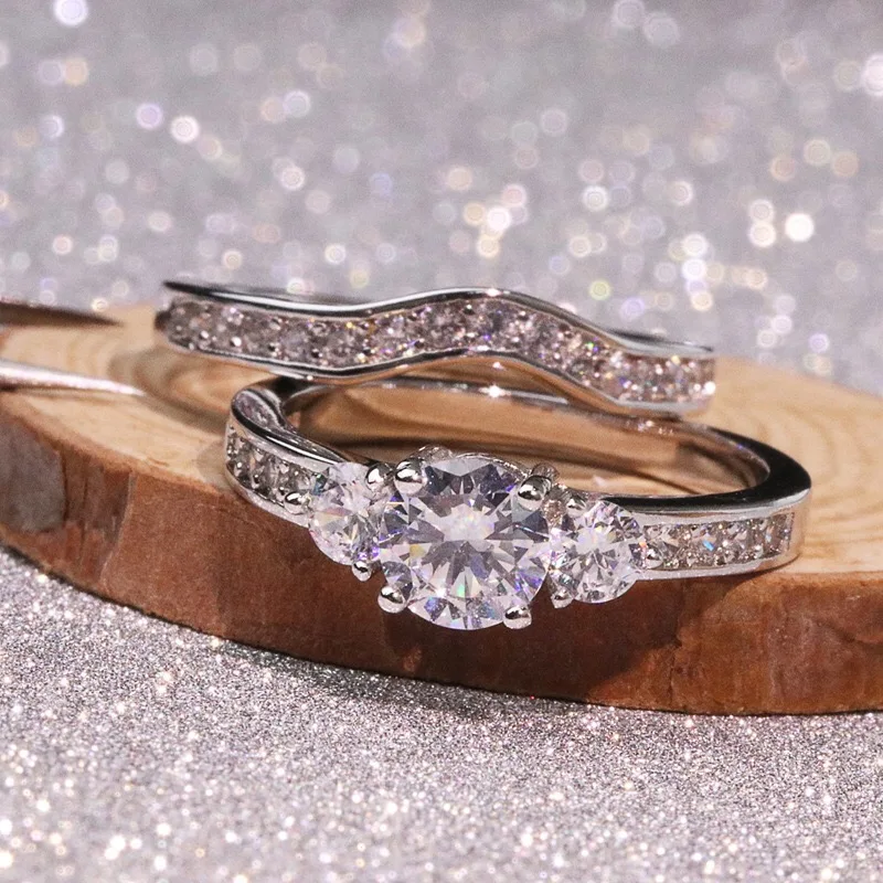 Najtaniej T755 925 srebrny pierścień stets dla kobiet 1carat cyrkonia kamienny pierścień stets 2 sztuk