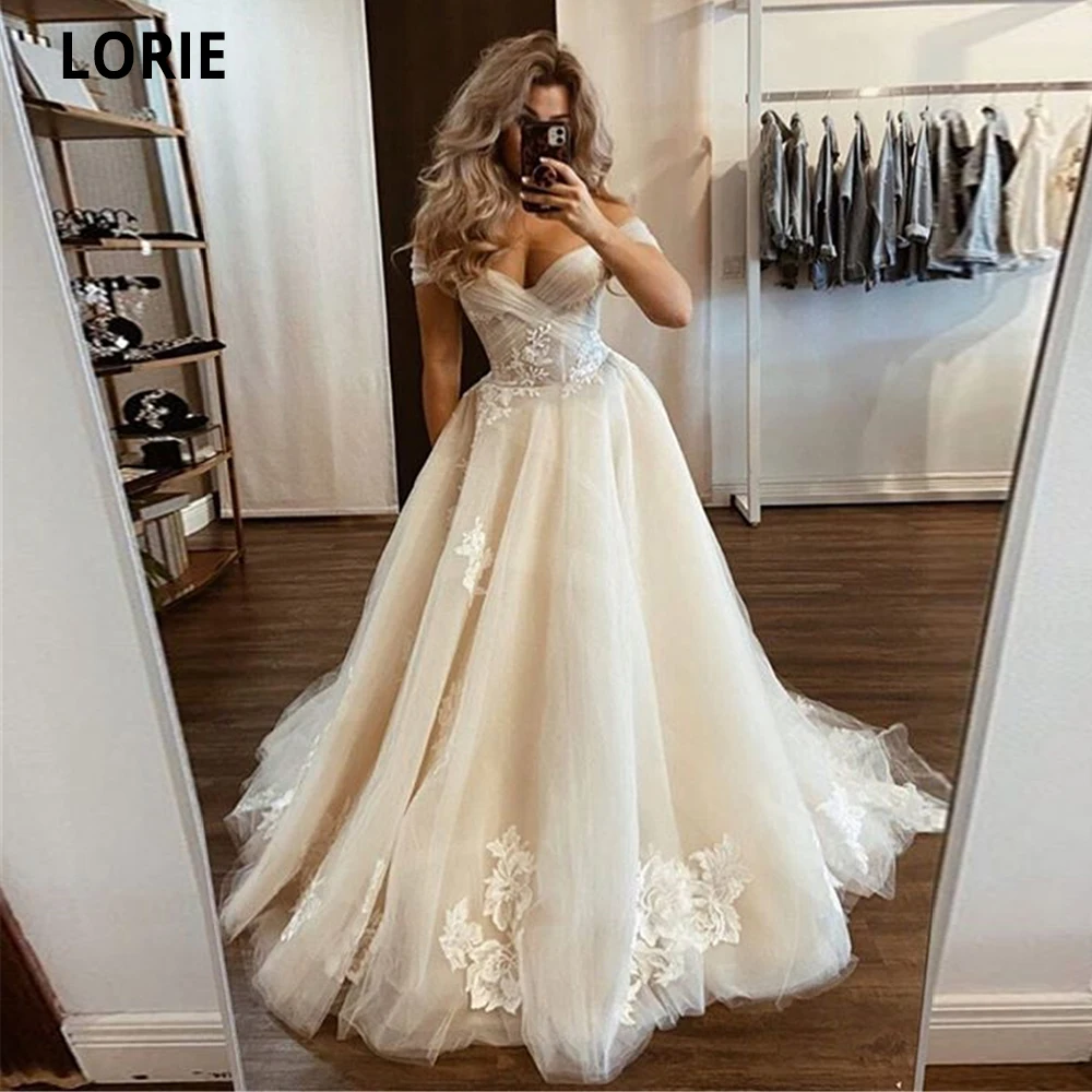 LORIE Off The Shoulder Bohomia Wedding Dresses Open Back Lace Appliques Tulle Beach Bridal Gowns Country Party Dress