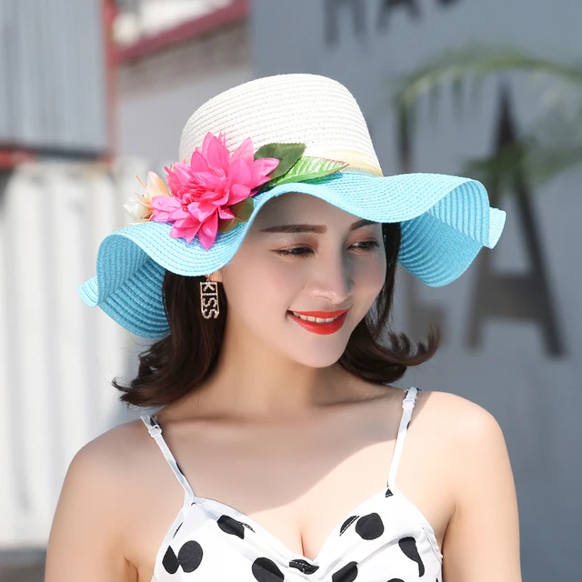 Fashion Mother Daughter Hat Lady Wide Large Brim Floppy Summer Beach Sun Straw Hat Cap with flower Free Shipping 2