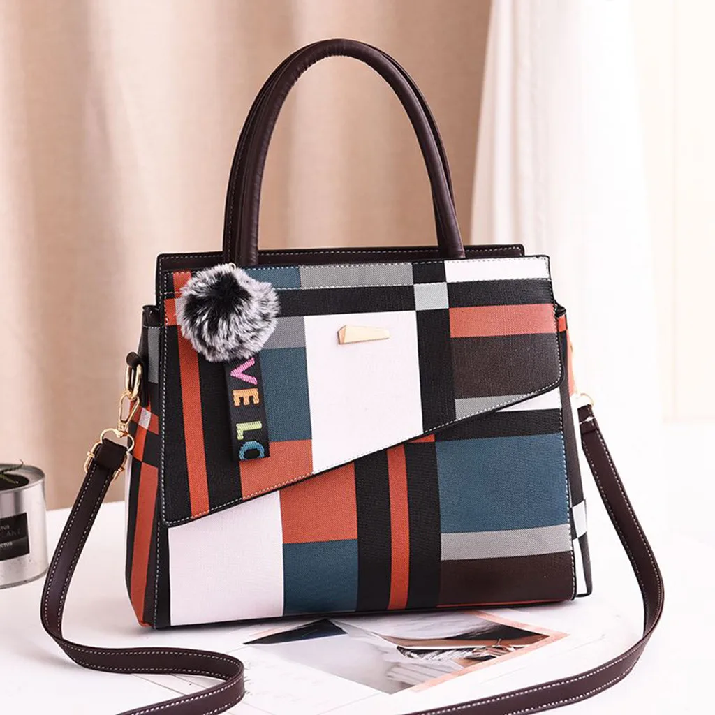 

Women Ladies leather clutch Totes Handbag furry ball Patchwork Vintage Single Shoulder Bag Messenger Bag crossbody bag bolso new