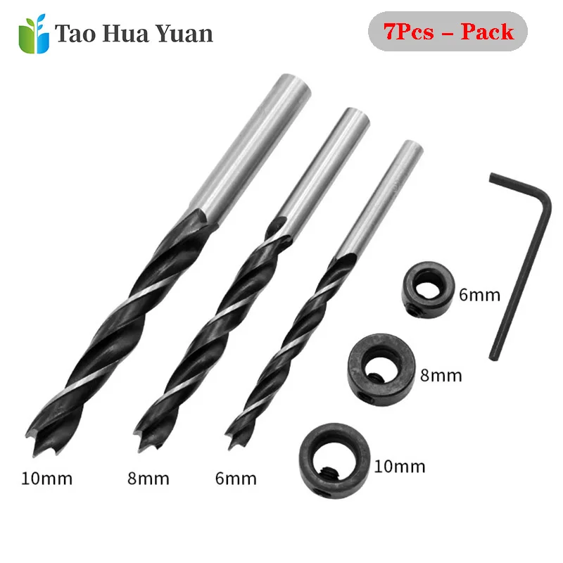 

7pcs 6/8/10mm Drill Bits Set Woodworking Drill Depth Stop Collars Ring Dowel Shaft Chuck Wrench for Woodworking Tools Set Wrench