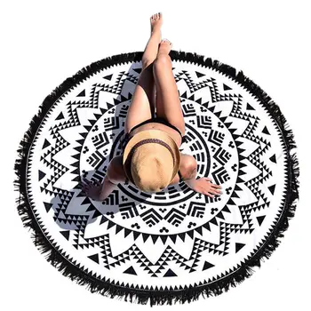 

150cm Tassel Beach Mat Picnic Camping Mat Round Sandbeach Towel Printed TableclothPad Calico Women Shawl Mattress