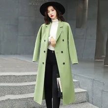 Авокадо зеленое Женское шерстяное пальто средней длины осень-зима, новое корейское стильное свободное шерстяное пальто на шнуровке до колена