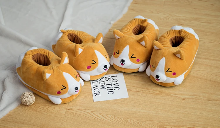 Cute Corgi Dog Heeled Slippers Stuffed Cartoon Animal Shoes Indoor Floor Doggy Slippers Winter Warm Girls Women Gift