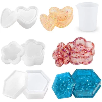 

4 Pcs Box Resin Molds, Jewelry Box Molds Heart Shape/Flower Shape Molds/Hexagon Storage Box Mold