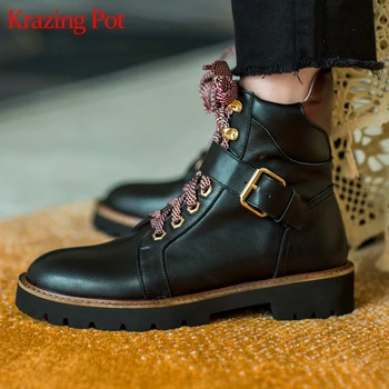 

Krazing Pot genuine leather Chelsea boots square med heels round toe cross-tied lace up metal fasteners rivets ankle boots L6f1