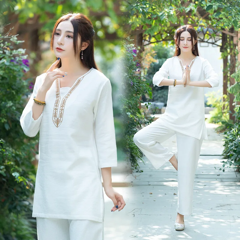 

Pure Cotton Jacquard Yoga Clothes Suit 2019 Spring Solid Color Embroidery Exercise Clothing Zen Clothing Two-Piece Set