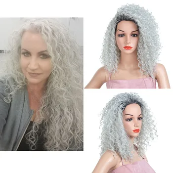 

Hywamply 16" Medium Length Kinky Curly Synthetic Hair Wig Silver Grey Black Root Ombre Cosplay Wigs Free Part
