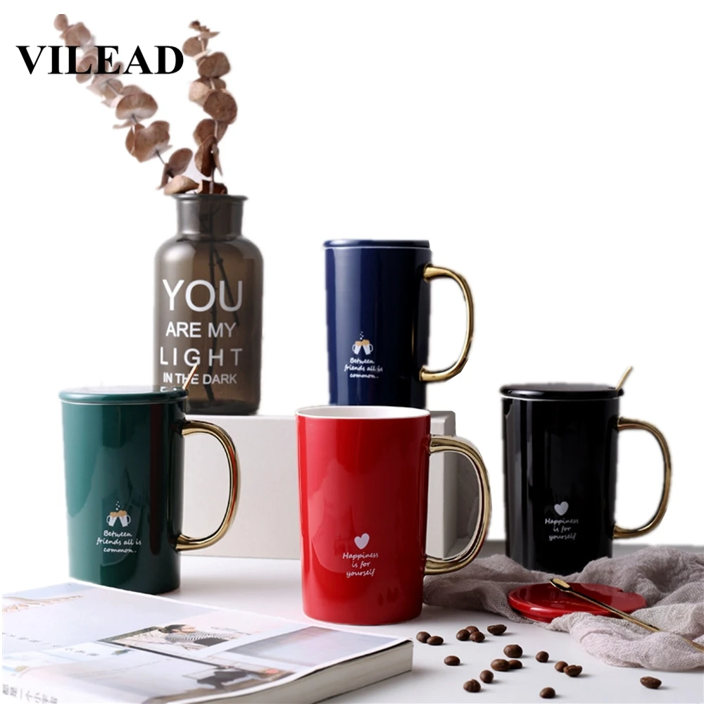 VILEAD, 400 мл, керамическая кружка золотого возраста с крышкой, ложка, скандинавские креативные чашки для воды, молока, кофе, офиса, чашки для чая, Подарочная бутылка для воды