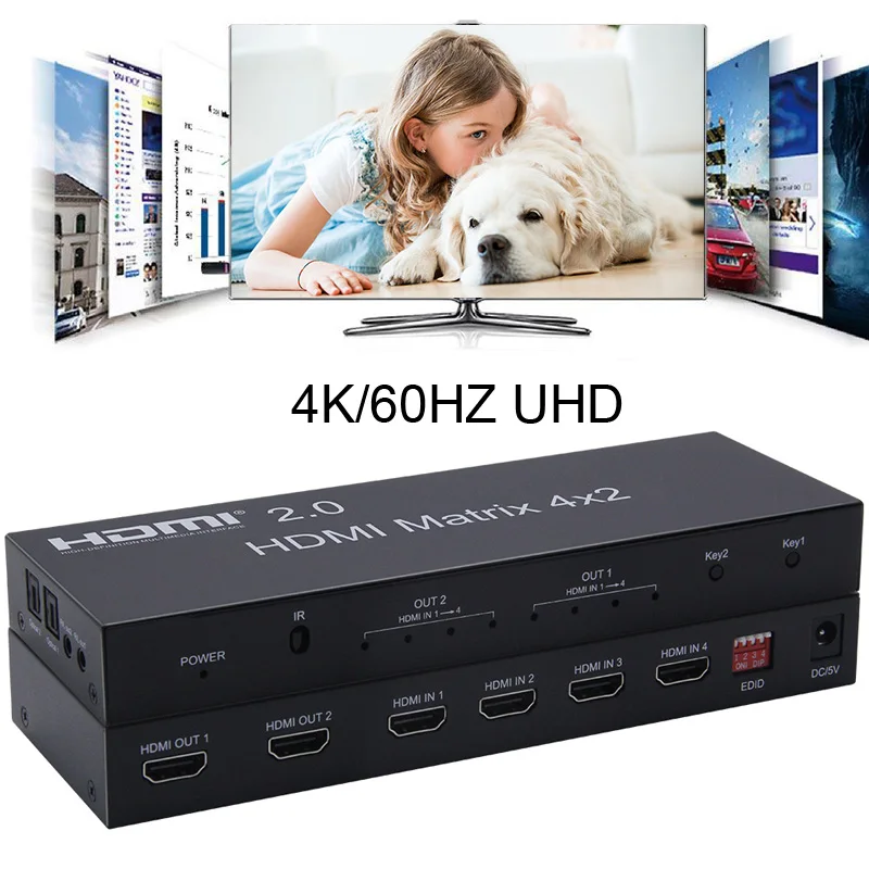  4K 60Hz 2.0 HDMI Matrix 4x2 HDR Switch Splitter 4 In 2 Out YUV 4:4:4 Optical SPDIF 3.5mm Jack Audio