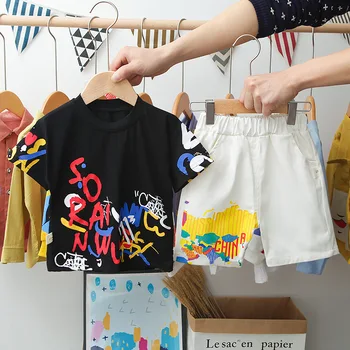 

Baby boy's clothes foreign summer short-sleeved T-shirt shorts suit cartoon letter printed cotton casual baby two-piece suit