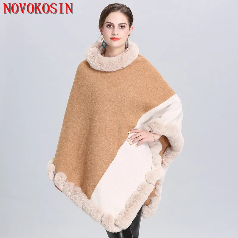 SC334 2019 Winter Cloak Women Long Triangle Faux Fox Fur Plus Size 2 Color Patchwork Sweater Knitted Poncho Cape Loose Pullover SC334 2019 Winter Cloak Women Long Triangle Faux Fox Fur Plus Size 2 Color Patchwork Sweater Knitted Poncho Cape Loose Pullover