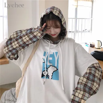 

Lychee Harajuku Fake 2 Pieces Female Pullovers Plaid Patchwork Hooded Women Sweatshirt Top Loose Autumn Lady Sweatshirts Tops