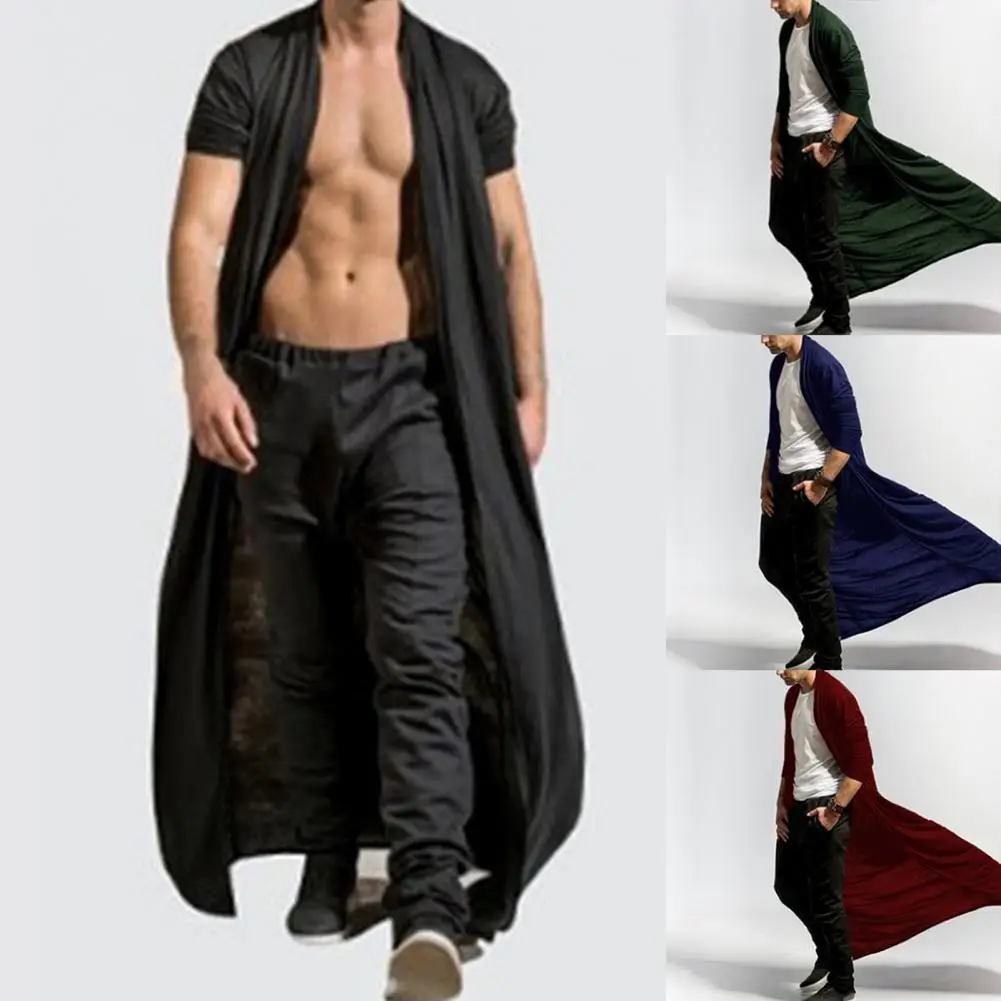 Men's Cardigan Long Sleeve Ankle-Length Simple Solid Color Cardigan Open Front Male Trench Jacket Outerwear ropa hombre