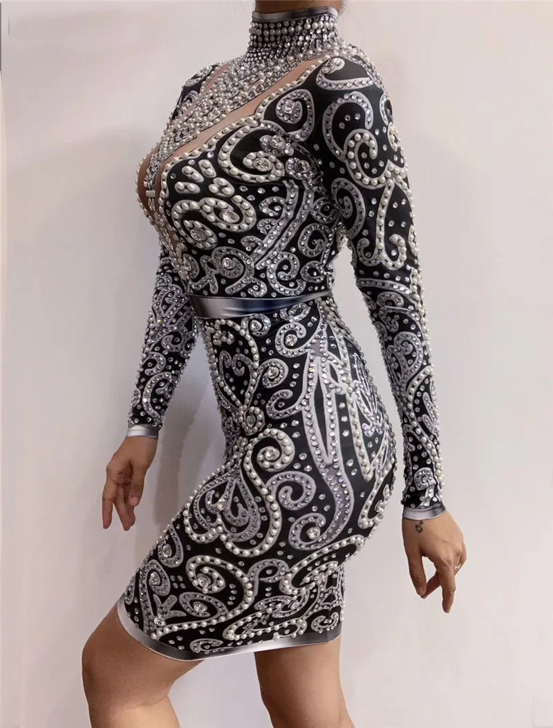 Для женщин Singer Черный серый цвет стразы жемчуг Длинные рукава платье сексуальная