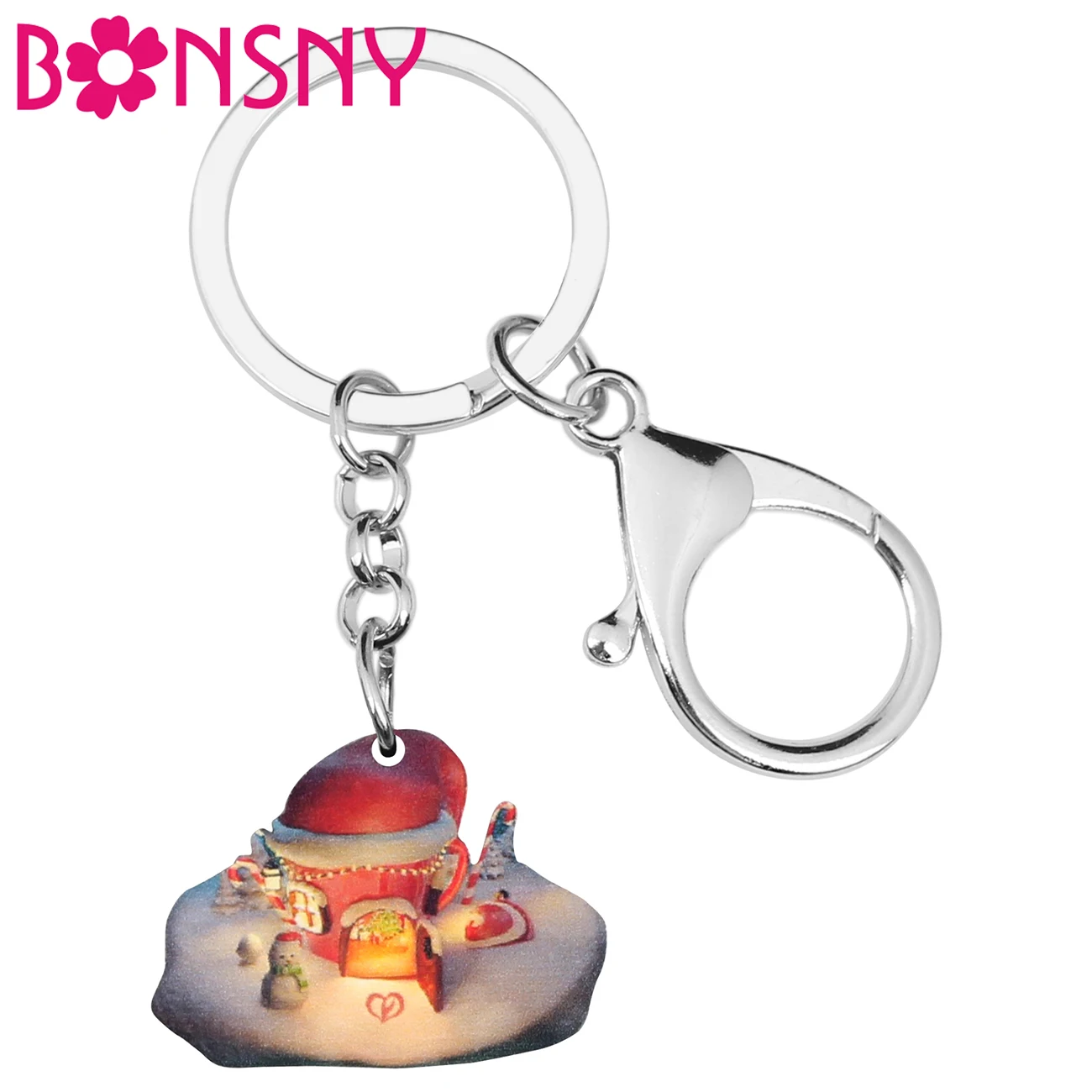 Bonsny акриловые рождественские аниме дом Снеговик ключи цепочки Ключи Кольца