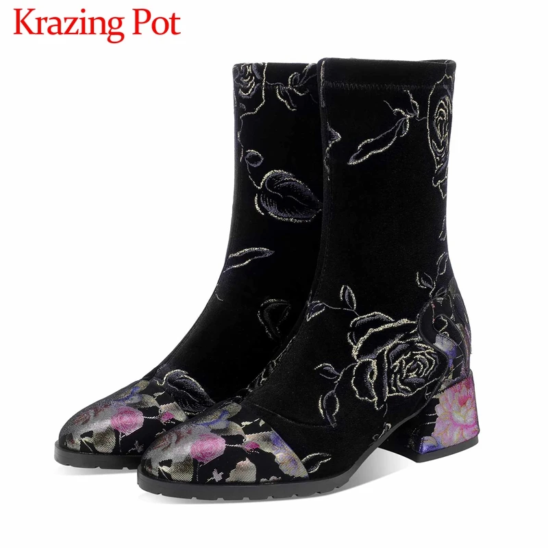 

Krazing Pot Oriental print sheep suede stretch ladies boots round toe high heels winter warm mature women mid-calf boots L72