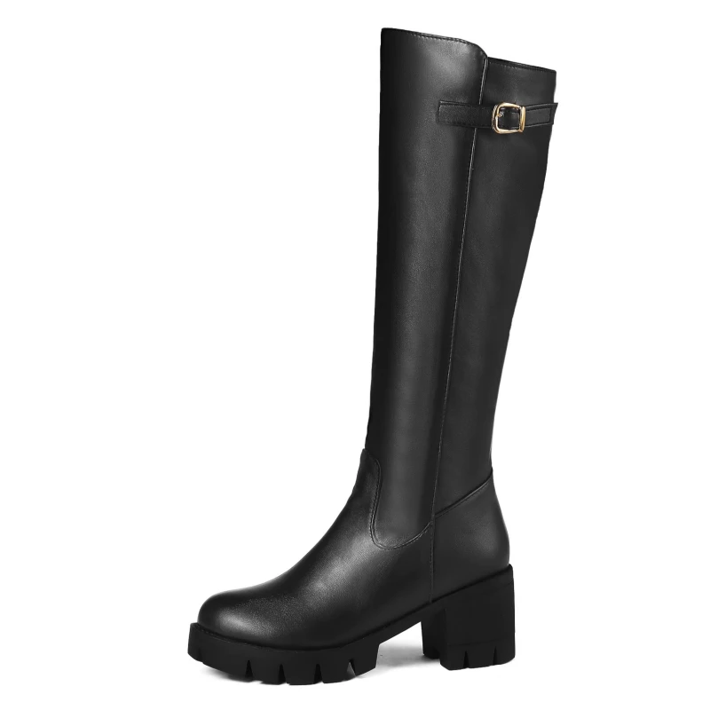 Knee High Boots For Women Winter Shoes Buckle Retro High Snow Boot Square Heels Fur Warm Long Tall Shoes Large Size 46 women knee boots