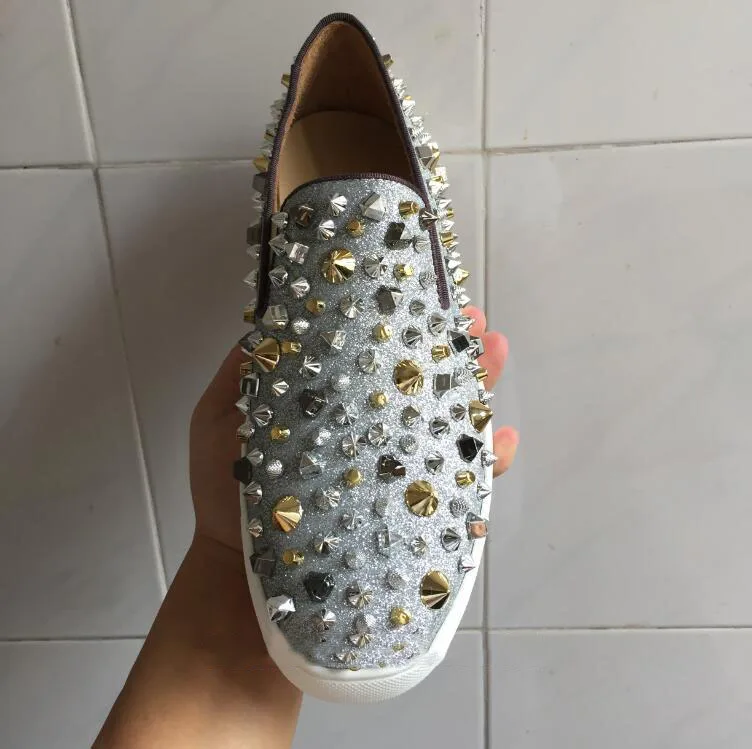 

Top Low-cut Leisure Shoes Lace-up Silver Glitter Leather Shaped Rivets Red Bottom For Man Sneakers Flat Loafers Casual 2018