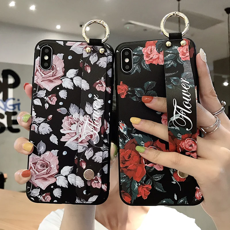 For iphone 11 Case Fashion Flower Phone Holder 8 plus 7 X XR XS 12Mini 13 pro max Soft TPU Wrist Strap cover | Мобильные телефоны и