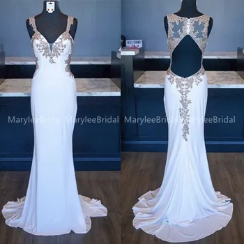

V-neck Straps White Mermaid Evening Dress With Gold Appliques Robe De Soiree Hollow Back Spandex Evening Gowns Sweep Train